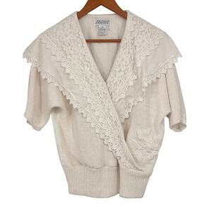 Vintage Sideffects Women's Knit Sweater Top Medium Cream Lace Trimmed Wrap Retro